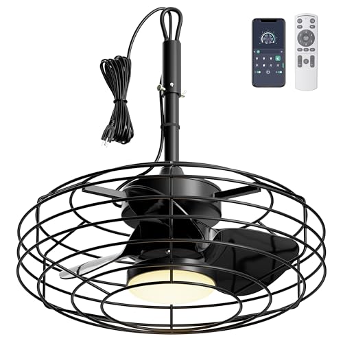 Coolbull Outdoor Ceiling Fans with Light for Patios, 20'' Wet Rated Gazebo Fan Remote&APP Control, Dimmable Hanging Fan with Plug in Cord for Pergola, Black