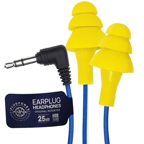 Plugfones Basic Earplug Headphones Earplug-Earbud Hybrid 25 dB Noise Reduction Rating Wired Work Headphones Noise Reducing Earphones OSHA Compliant Safety Earplugs for Work Hearing Protection Yellow