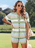 Pink Queen Knit Short Sets Women 2 Piece Outfits Short Sleeve Button Down Shirt and Shorts Set Striped Green Medium