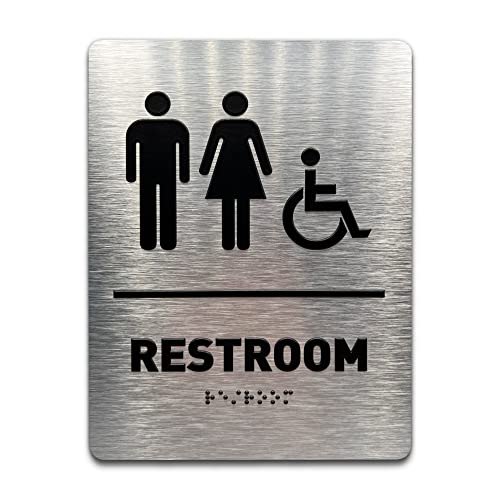 Unisex/Wheelchair Bathroom Sign by GDS - ADA Compliant, Wheelchair Accessible, Raised Icons, & Grade 2 Braille - Includes Adhesive Strips for Easy Installation - Bathroom Signs for Business, Restroom Sign, Restroom Signs for Business - 6" W x 8" H (Brushed Aluminum) - Made in USA