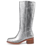 JOKACEAR Silver Women's Knee High Boots Comfortable Chunky Block Heel Long Boots for Women Casual Square Toe Boots Low Heel Womens Boots.