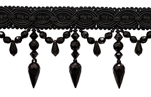 3 3/4" (9.5cm) Decorative Beaded Fringe Trim with Fancy Gimp Header, Large Teardrop Bead Design (Style# BF334) Pure Black #K9 (Jet Black) 3 Yard Value Pack (2.5m/9 ft)