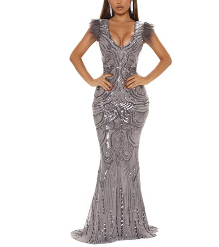 PORRCEY Sexy Women Sparkly Sequins Deep V Neck Bodycon Maxi Dress Party Club Evening Dress(Y9259,Gray,M)