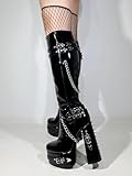 Frankie Hsu Goth Sexy Chunky Platform Knee High Heeled Boots, Black Patent Silver Chain Rivets Gothic, Punk Y2K Hot Girl Big Large Size Wide Calf Long Shoes For Women Men