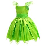 BUBBIZOZO Girl Tinkerbell Cosplay Costume 7pcs Set, Kid Fairy Halloween Princess Dress Up with Wings Wand Necklace (TinkerBell Green, 5-6T (Tag-130))