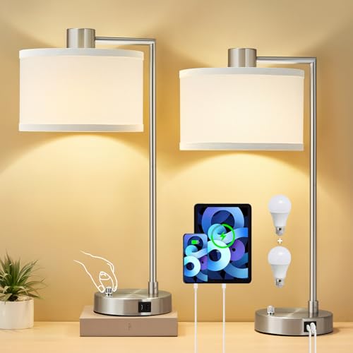 Luvkczc Table Lamps for Living Room with USB C+A Ports - Fully Stepless Dimmable Bedsides Lamp with Linen Lampshade, Lamps for Night Stands Bedroom Reading Office, 2 LED Bulbs Included (Silver)