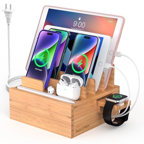Pezin & Hulin Bamboo Charging Station for Multiple Devices Include 5 Port USB Charger, 5 Cables, Desktop Organizer for Phones, Tablet, Wooden Docking Stations
