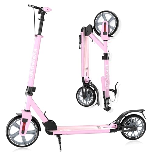 CUIOT Big Wheels Kick Scooter for Kids Ages 6+, Teens and Adults, Max Load 300 LBS, Foldable - 2-Wheel Commuter Adult Scooters with Hand Brake & Shock Absorption, Adjustable Handlebar, Bearing ABEC9,P