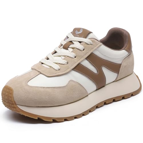 somiliss Sneakers for Women Breathable Fabric Genuine Leather Suede Upper Non Slip Walking Shoes Running Tennis Fashion Sneakers Beige