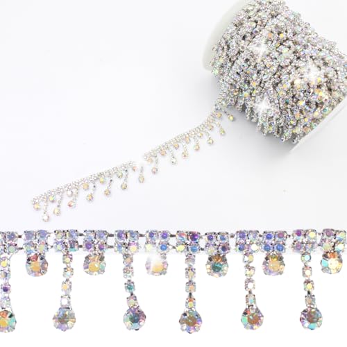 PEARLY JUN 5 Yards Rhinestone Trim Crystal Rhinestone Chain AB Silver Fringe Sewing Dress DIY Party Wedding Bouquet for Decoration Bridal Costume Embellishment Clothing Accessories