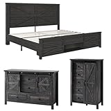 LUXOAK 3 Pieces Bedroom Set, Includes King Size Bed Frame with Sliding Barn Door Storage, 5 Drawer Tall Dresser, 47" Vintage Dresser with 4 Drawers, Farmhouse Bedroom Furniture, Oak Black