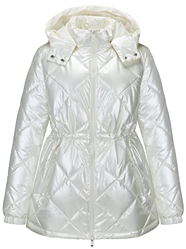 CRISSREXO Women's Winter Shiny Diamond Quilted Jacket Mid-Length Full Zip Lightweight Padded Coat with Removable Hood (as1, alpha, s, regular, regular, Pearl White, Small)