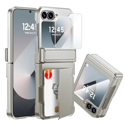 CENMASO Samsung Galaxy Z Flip 6 Case - Flip 6 Wallet Case with Card Holder & Hinge Protection & Screen Protector [RFID Blocking] Full-Body Shockproof Protection - Natural Titanium