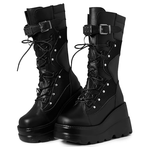 Tscoyuki Womens Goth Platform Boots Chunky Wedge Heel Rave Combat Boots Lace Up and Zipper Round Toe Mid Calf Boot for Concert Festival