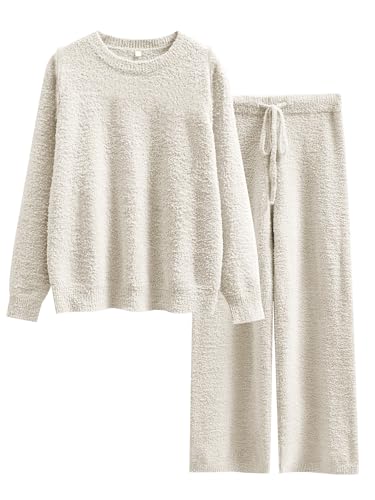 ANRABESS Women's 2 Piece Pajama Sets Long Sleeve Top Wide Leg Pants Fuzzy Fleece Lounge Matching Set 2025 Fall Winter Outfits Beige Medium