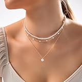 Zeffy Layered Gold Pearl Necklaces for Women 14K Gold Plated Dainty Layered Tiny Single Pearl Choker Trendy Cute Gold Necklace Stack Wedding Jewelry Sets for Women Bridesmaid Gifts