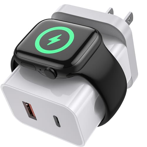 Upgraded 3-in-1 Apple Watch Charger,20W Fast Charging Block, Dual Ports Wall Charger with Magnetic Wireless Charging Compatible with iPhone, Apple Watch Series, iWatch Series 10 9/8/UItra/7/6/5/4/3