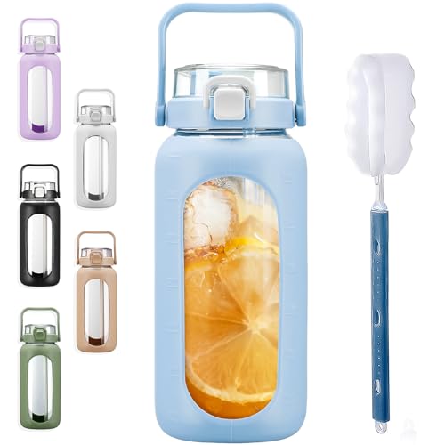 BLUEGO 64oz Glass Water Bottles with Straw Time Marker Half Gallon Large Motivational Water Bottle with Silicone Sleeve 2 Liter Large Glass Water Jug for Gym, Sports& Workout, Daily, Light Blue