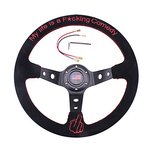 RASTP Universal Racing Steering Wheel 13.6”/345mm 6 Bolts Grip Suede Wrapped with Horn Button for Car Boat Truck Yacht