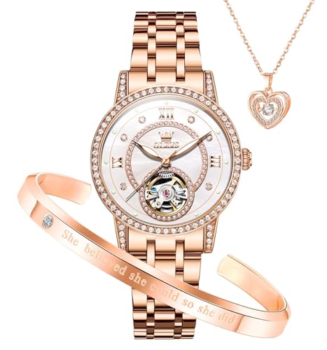 OLEVS Automatic Womens Watches Mechanical Diamond Skeleton Luxury Dress Rose Gold Stainless Steel Waterproof Luminous Ladies Wrist Watches Gift Set