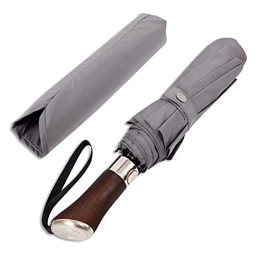Balios (Designed in UK) Travel Umbrella Luxurious Golden Hardwood Handle Auto Open & Close Windproof Frame Single Canopy Automatic Folding Umbrella Men's & Ladies (Metallic Gray)