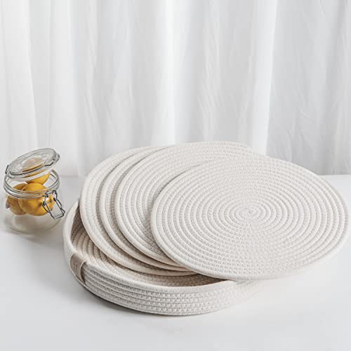 Art PineCone's Woven Cotton Rope Round Placemats Set of 4 with Holder Included, Non-Slip, and Heat Resistant Shabby Chic Placemats (Off White, 13 inch)
