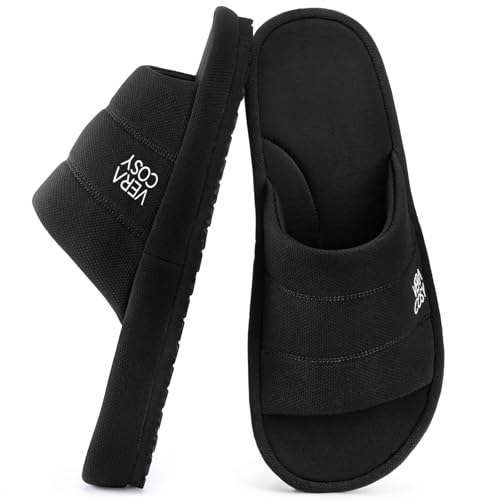 VeraCosy Men's Open Toe Slippers Breathable Soft Corn Knit Memory Foam House Shoes with Indoor Outdoor Non Slip Sole Dark Black,11-12 US