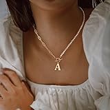 Gold Initial Pearl Necklace for Women, 14K Gold Plated Paperclip Link Chain Necklace Toggle Clasp Necklace Initial Pearl Chain Necklaces Gold Jewelry for Women Letter A