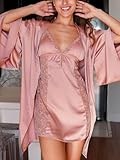 Ulivary Women's Silk Satin Pajama Set 2 Pcs Bridal Robe and Nightgown Sexy Sleepwear Lace Cami Lingerie Set