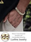 Luxfine 12mm Miami Cuban Link Bracelet 14K REAL Gold Plated Hypoallergenic Premium Stainless Steel Hip Hop Jewelry For Men Women Christmas Birthday Gift (No Color Fade, Double-sided Iced Out Clasp)