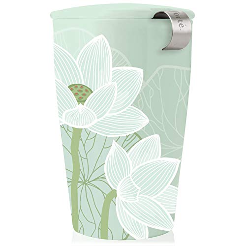 Tea Forte Lotus Double-Walled Ceramic Kati Cup with Removable Stainless Steel Infuser Basket and Lid, Steeps 12 oz Loose Leaf Tea, Lid and Cup Dishwasher & Microwave Safe