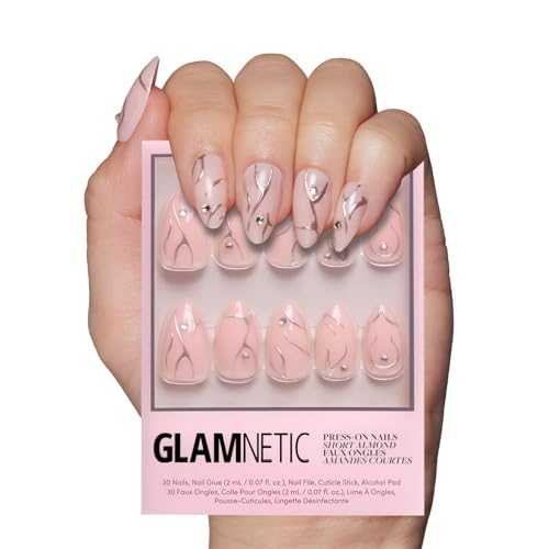 Glamnetic Press On Nails - Astro | Semi-Transparent 3D Metallic Silver Swirl Short Almond Fake Nails in a Glossy Finish | 15 Sizes - 30 Nail Kit with Glue