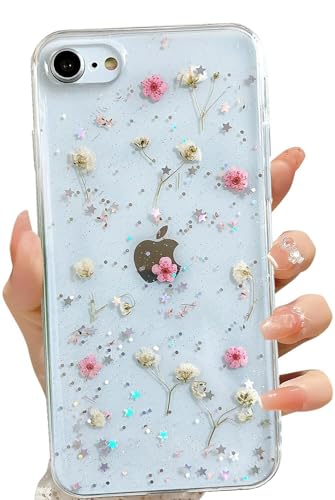 LSEEKA for iPhone SE 2022/ SE 2020/8/7 Clear Case with Pressed Real Flowers Design,Glitter Cute Pink Floral Pattern Slim Soft TPU Protective Women Girl's Phone Cover for iPhone SE 2022/2020/8/7