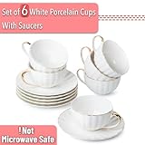 BTaT- Tea Cups and Saucers, Set of 6 (7 oz) with Gold Trim, Cappuccino Cups, Coffee Cups, White Tea Cup Set, British Coffee Cups, Porcelain Tea Set, Latte Cups