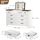 MIIFUNY Chest of Drawers for Bedroom, 8 Drawer Dresser with Mirror, Charging Station, White Dresser, Farmhouse Makeup Vanity for Bedroom, Hallway, Kids Room