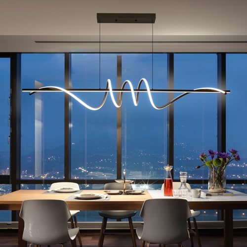 Matven Modern Ceiling Chandelier Light, Acrylic Anti Flicker Pendant Lamp with Remote Control Dimmable 3 Color Mode & Brightness (Warm Cool Neutral Light) for Kitchen Bar（Black,57IN