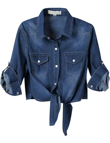 Omoone Women's 3/4 Sleeve Denim Crop Top Tie Knot Shirt Cardigan (Dark Blue, XXL)