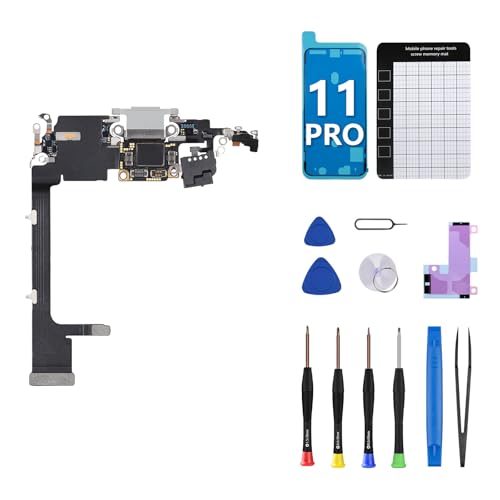 CYKJGS for iPhone 11 Pro Charging Port Replacement OEM Headphone Port Microphone Antenna Ribbon Cable White USB Charge Dock Connector with Full Repair Tools Kit Waterproof Sticker A2160 A2217 A2215