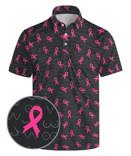 PZTZH Breast Cancer Men's Golf Shirts Cancer Awareness Polo Shirt for Men Quick Dry Golf Polo Shirts Performance Golf Clothes