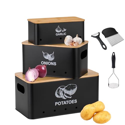 Metal Onion Garlic Potato Storage Set, Kitchen Vegetable Storage Tins Set of 3, + 3 Stainless Steel Gadgets, Canister Sets for Kitchen Counter with Aerating Holes and Wooden Bamboo Lids-Black