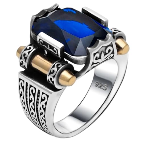 Genuine Solid 925 Sterling Silver Ring for Men, Accented with Bronze, Faceted Simulated Blue Sapphire Stone, Vintage Turkish Ottoman Style (Simulated Sapphire, 9)