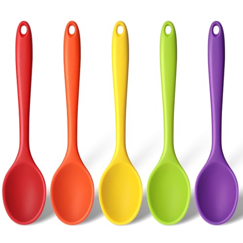 HANSGO 5PCS Small Silicone Spoons, 8Inch Heat Resistant Nonstick Kitchen Silicone Tea Spoons for Cooking & Baking & Stirring