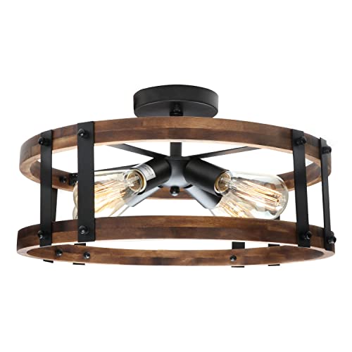 Voguad Semi Flush Mount Ceiling Light Fixture, Modern Farmhouse Wood Drum Ceiling Lamp, Rustic Close to Ceiling Lighting for Hallway Entryway Laundry Room Bedroom
