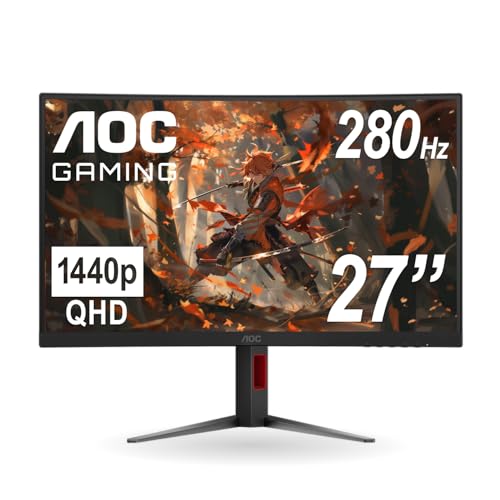 AOC CQ27G4ZH 27" Curved Gaming Monitor, QHD 2K 2560x1440, 1500R VA, 300Hz 0.3ms, HDMI x2, DP x1, Height Adjustable Stand, Xbox PS5 Switch Compatible, 3-Year Zero-Bright-dot