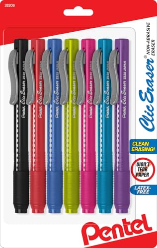 Pentel Clic Retractable Eraser, Assorted Colored Pen Style Grip Erasers, Pack of 7