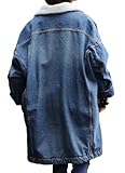 loveimgs Women Long Sherpa Fleece Lined Jeans Jacket Denim Trench Coat Thicken Button Down Patchwork Trucker Coat Overcoat (Small, Blue)