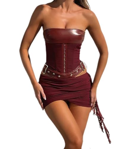 LXUAMR Sexy Two Piece Outfits for Women Off the Shoulder Leather Tube Top High Waist Ruched Mini Skirt Set Vacation Outfits