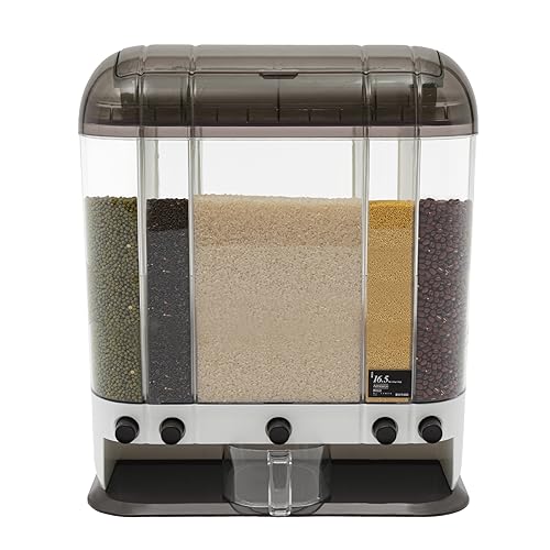 HAPPCUCOE Rice Dispenser,5 Grids Removable Dry Food Dispenser,Rice Container with Measuring Cup,Grain Dispenser for Kitchen,Brown