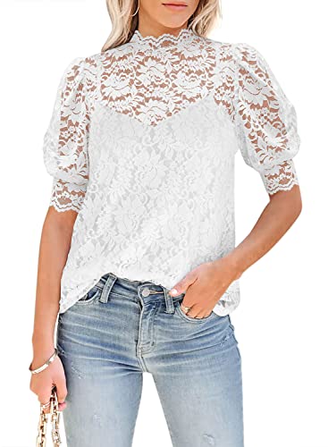 DOROSE Womens Lace Tops Dressy Casual Puff Short Sleeve Floral Summer Blouses Shirts White XL