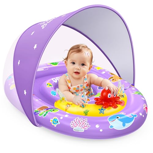 EZIGO Baby Pool Float with Canopy UPF 50+ Sun Protection, Double Air Chambers Infants Swimming Floats with Sound Toys Adjustable Safety Seat Toddler Float for Boys and Girls 6-36 Months (Purple)